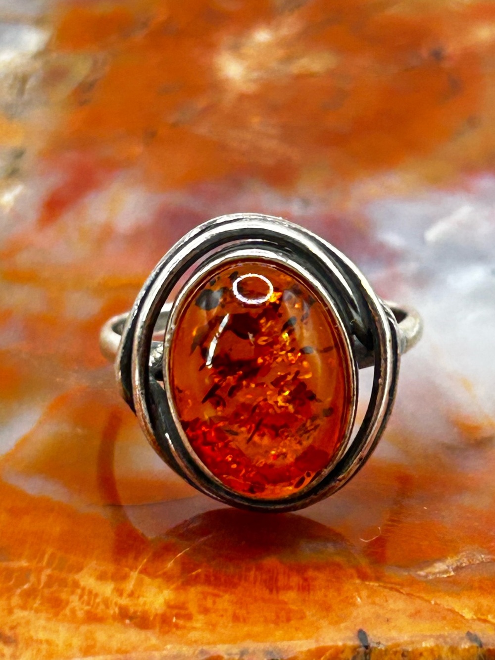 Vintage Sterling Silver Amber Ring - Size 8